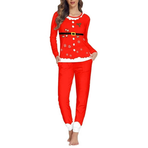 Renewold 2 Pieces Xmas Elf Pajamas for Women Soft Long Sleeve Yoga Walking Sweatsuit Set Size 4XL Skin Friendly Crew Neck Red Clothing Loungewear for Christmas Day Gifts