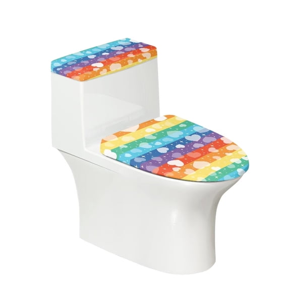 Renewold 2pcs Anti-Slip Toilet Lid Cover Tank Lid Covers Fit Most Round Elongated Toilet Valentine's Day Decor Rainbow Stripes Hearts Bathroom Dust Cover Set
