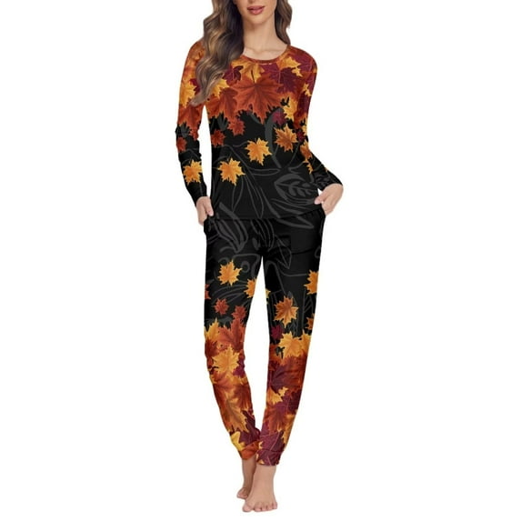 Renewold 2pcs Breathable Pjs Set Women's Autumn Maple Leaves Pajama Warmth Size S Athletic Clothing Sweatpants with Big Pockets Thanksgiving Fall Graphic Long Sleeve Nightwear