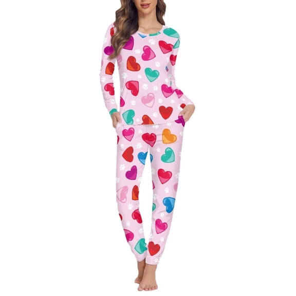 Renewold 2pcs Comfort Soft Walking Jogger Pajama Shirt Set Valentine's Day Daily Wear Loungewear Outfits Colorful Hearts Long Sleeve Tops & Long Sweatpants for Women Size L