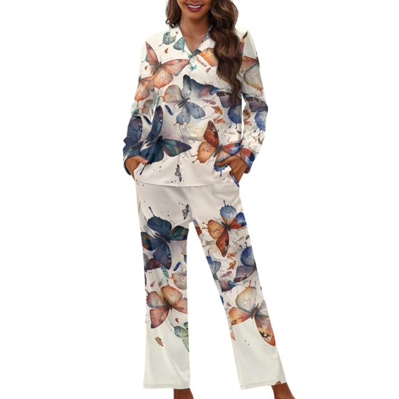 Renewold 2pcs Nightwear Button Front Sleepwear Long Sleeve Pajamas Set Breathable Women Daily Wear Nightwear Warmth Loungewear Butterfly Graphic Night Sweatshirt Size XS
