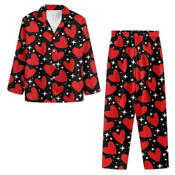 Renewold 2pcs Scoop Neck Long Sleeve Pajama Size XS M Valentine's Day Gifts Red Heart Button Sleepwear Top & Pants Buttom Set Thermal Pjs Pullover Sweatshirt for Women