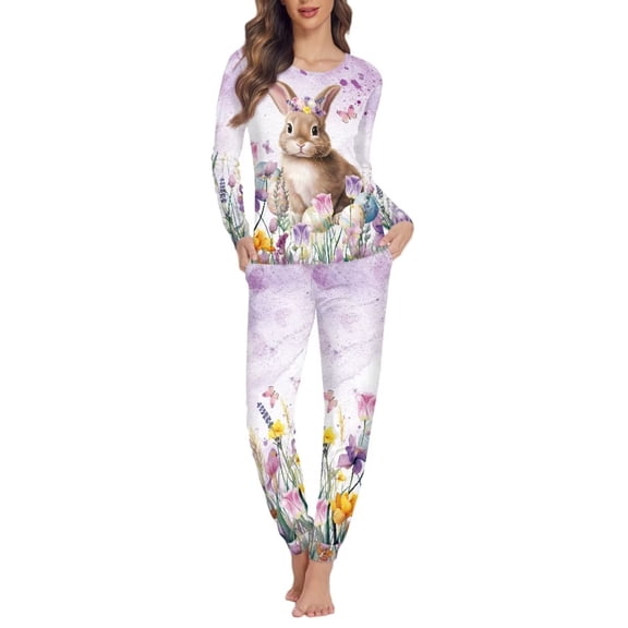 Renewold 2pcs Softness Women Pajama Pants Bottoms Set Easter Gifts Rabbit Floral Scoop Neck Home Loungewear Size 5XL Comfortable Long Sleeve Daily Wear Clothing, Purple