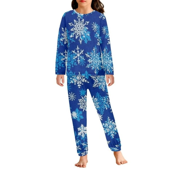 Renewold 3-4 Kid's Nightwear Set Blue Snowflake Pajama Indoor Clothing Christmas Round Neck Sleepwear for Spring Fall Winter 2 Pieces Pullover Tops Long Pants
