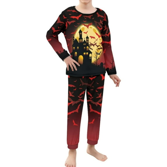 Renewold 3-4T Youth Breathable Nightwear Tops & Stretchy Pants with Big Pockets 2pcs Full Moon Bats Pajamas Athletic Clothing Halloween Long Sleeve Tee Nightgown Set