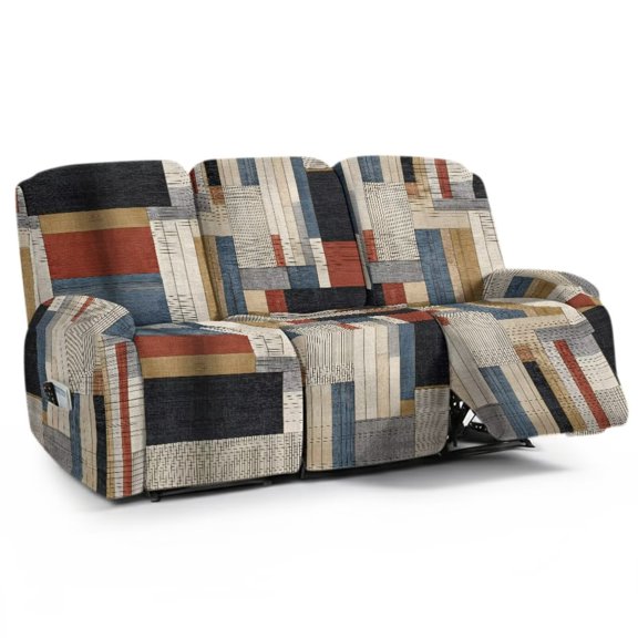 Renewold 3 Cushion Recliner Couch Covers for Sofa, Non-Slip Reclining Sofa Cover with Side Pocket, Machine Washable Recliner Chair Slipcover for Pet Kid, Abstract Grid Geometry Pattern