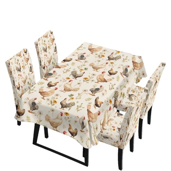 Renewold 5 PCS Dining Chair Covers Set Includes Tablecloths and Kitchen Chair Slipcovers Removable Seat Protector Dust Proof Table Cover for Restaurant Banquet, Pastoral Floral Chicken Print