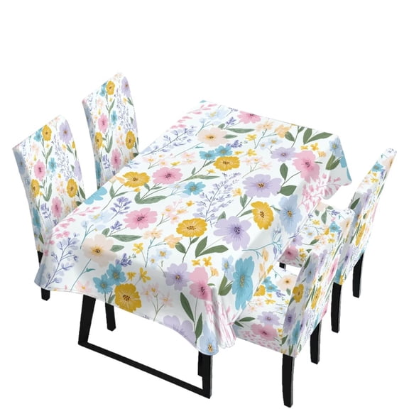 Renewold 5 PCS Dining Tablecloth Rectangle 4 Seat with Dining Chair Covers, Scratch Resistant Table Cloth Parsons Chair Slipcovers Machine Washable Kitchen Decor, Pastoral Floral Print