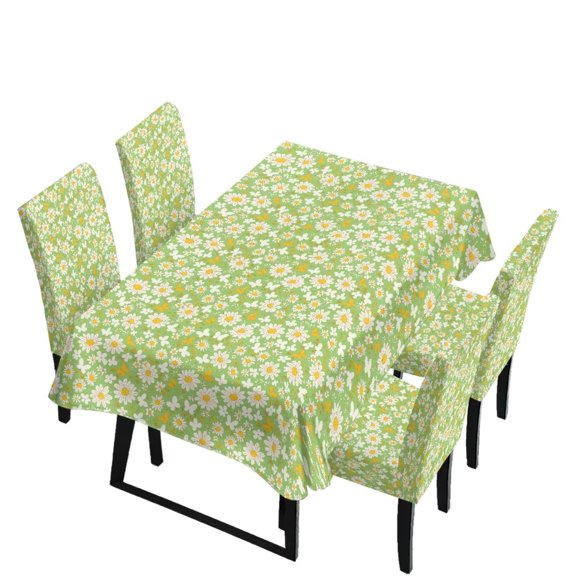 Renewold 5 PCS Dining Tablecloth Rectangle 4 Seat with Dining Chair Covers, Scratch Resistant Table Cloth Parsons Chair Slipcovers Machine Washable Party Decor, Daisy Flower Butterfly Green