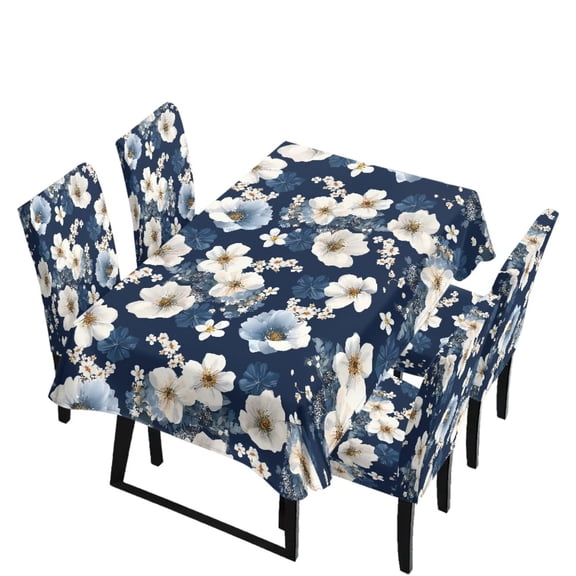 Renewold 5 Pack Dining Chair Slipcovers and Rectangle Table Cloth Set, Dust Proof Anti-wrinkle Comfy Chair Seat Covers Tablecloths for Home Banquet Kitchen Decor, Navy Blue White Floral Print