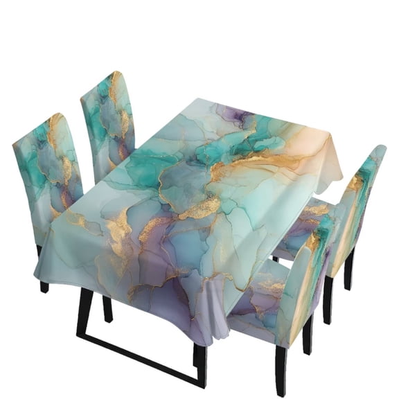 Renewold 5 Pack Dining Table Cloth Rectangle 4 Seater Includes Kitchen Chair Covers, Stretch Seat Covers for Dining Chairs Anti-dust Washable Table Protector, Marble Print Green Violet Gold