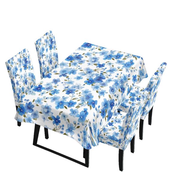 Renewold 5 Pack Dining Table Cloth Rectangle 4 Seater Includes Kitchen Chair Covers and Tablecloths, Stretch Seat Covers for Dining Chairs Anti-dust Seat Protector, Floral Print Blue