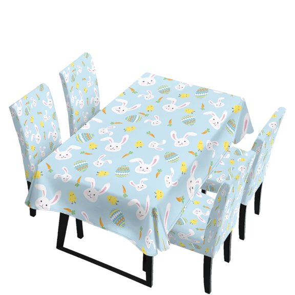 Renewold 5 Pack Kitchen Table Cloth for Easter Decor Rectangle 4 Seater with Dining Chair Covers, Seat Covers for Dining Chairs Washable Table Protector, Blue Cartoon Rabbit Carrot Chick