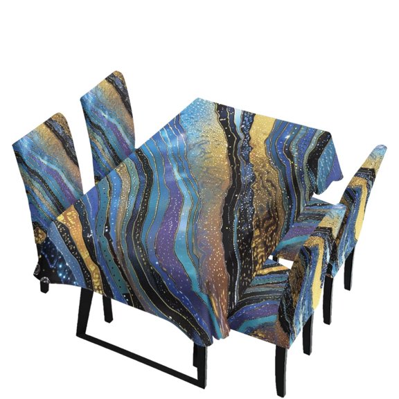 Renewold 5 Pieces Dining Chair Slipcovers Set Include Chair Seat Covers and Rectangle Table Cloth, Stretch Dust Proof Tablecloths Scratch-resistant Seat Protector, Fluid Stripes Marble
