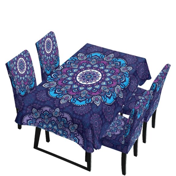 Renewold 5 Pieces Seat Covers for Dining Chairs and Tablecloth Rectangle Table, Anti-wrinkle Table Slipcover Dust-proof Removable Chair Seat Protector for Banquet, Violet Mandala Flower Print