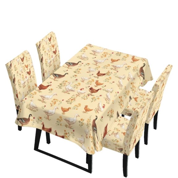 Renewold 5 Pieces Seat Covers for Dining Chairs and Tablecloth Rectangle Table, Anti-wrinkle Table Slipcover Dust-proof Removable Chair Seat Protector, Pastoral Flower Chicken Duck Print