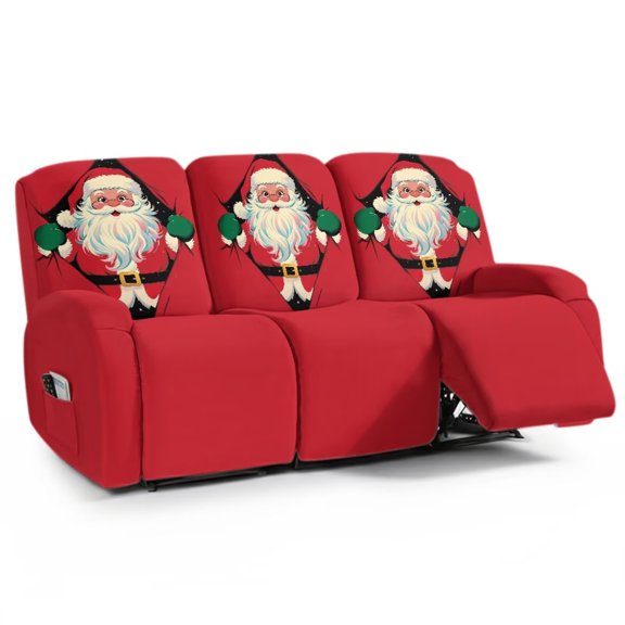 Renewold 8 Pieces Recliner Chair Cover with Pockets, 3 Seats Recliner Sofa Cover Stay in Place, Machine Washable Reclining Couch Slipcover for Christmas Decor, Santa Claus Pattern Red