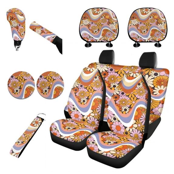 Renewold 80s 90s Groovy Hippie Flower Car Seat Covers Full Set Cup Holder Coaster Gear Shift Knob Cover Handbrake Cover Keychain Car Headrest Covers 11 Pcs Full Set, Hippie Floral Orange Pink