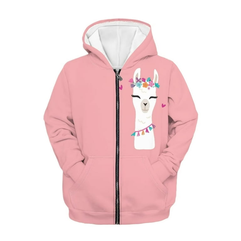 Renewold Active Alpaca Pink Zipper Hoodie Sport Outfits for Teen Girls 6-7  Years Old Comfy Lightweight Streetwear Jacket Kids Long-Sleeve Sweatshirt  Clother for Daily Wear Clothing 