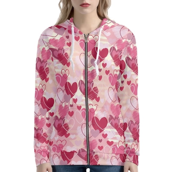 Renewold Active Zip Up Hoodie Jacket for Women Valentine's Day Preppy Round Neck Activewear Top Pink Hearts Long Sleeve Hooded Sweatshirt Coat Size 2XL