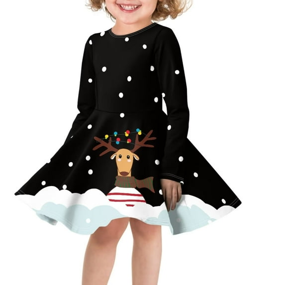 Renewold Adorable Long-Sleeve Midi Dress Comfy Soft Christmas A Line Sundress Winter Snow Reindeer Knee Length High Waistline Dress Girls Clothing Size XS