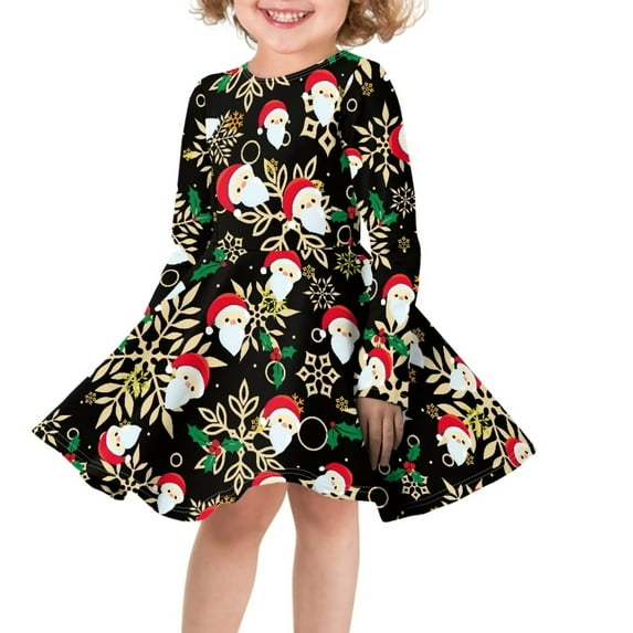Renewold Adorable Teen Long-Sleeve Midi Dress Snowflake Santa Graphic Christmas Princess Dress for Kids Girls Size L Winter Outdoor Dance Skater Dress