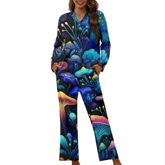 Renewold Aesthetic Mushroom Pjs Pajama Women Casual Top and Pants with Pockets Lightweight Lounge Set 2 Pack Soft Scoop Neck Sleepwear Long Sleeve Button Shirt Daily Wear Size XL