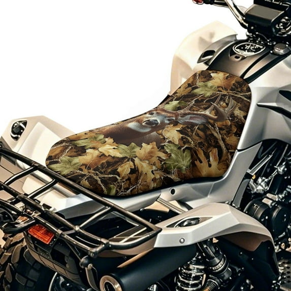Renewold All-Weather ATV Seat Cover 25x10 Inch, Waterproof ATV Decorative Accessories Four Wheeler Seat Cover for Hunting Riding, Fits for Honda/Yamaha/Polaris, Deer Camo Hunting Forest Fallen Leaf