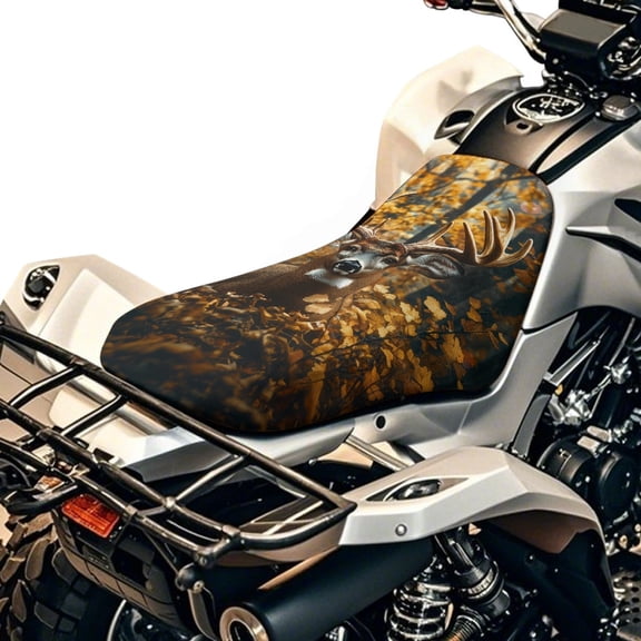 Renewold All-Weather ATV Seat Cover 25x10 Inch, Waterproof Heavy Duty 4 Wheeler Seat Cover ATV Accessories Decor for Yamaha Raptor 700, Polaris Sportsman 450/750, Deer Camo Hunting Forest Yellow