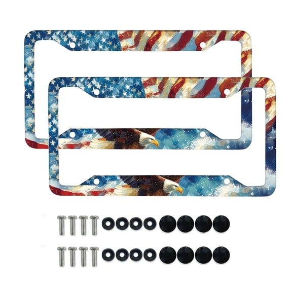 Renewold American Flag Eagle 2 Pack Car License Plate Frame, Aluminum Car Accessories for Front and Rear License Plates, 4th of July Patriotic Auto Decor