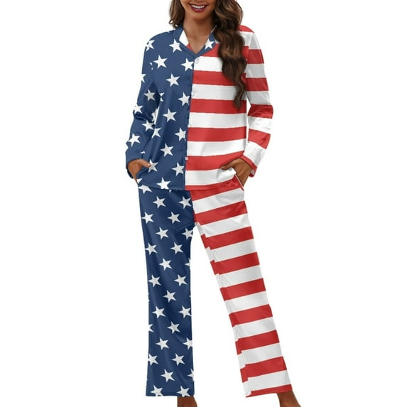 Renewold American Flag Pjs Pajama Set,4th of July,2 Pieces Durable Long Sleeve Women Button Shirt and Elastic Waist Pants with Pockets Casual Home Nightgown Sweatshirt Size 3XL