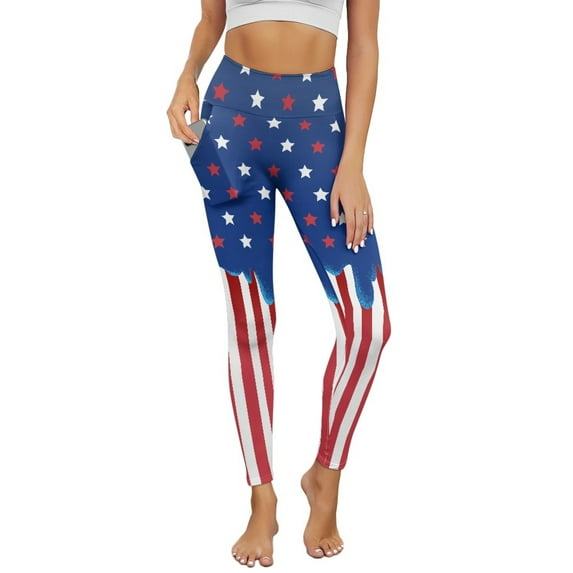 Renewold American Flag Print Yoga Leggings with Pockets for Women Athletic Pants High Waist Ultra Soft Hip Lift Ankle Pants Printed Leggings 4 Way Stretch Plus Size, L