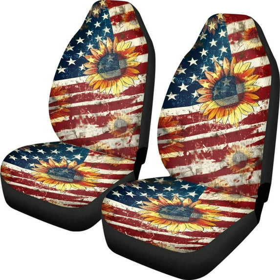 Renewold American Flag Sunflower Car Seat Cover Front Set Only, Soft Breathable Front Car Seat Bottom Cover Protector Auto Interior Accessories Patriotic Decor