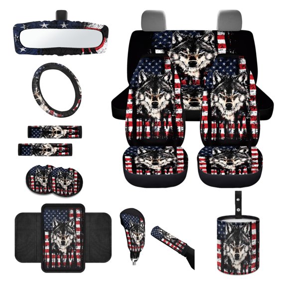 Renewold American Flag Wolf Car Seat Covers Front Rear Split Bench Full Set Steering Wheel Seat Belt Pads Coasters Waste Bin Armrest Pad Cup Holders Rearview Mirror Handbrake Cover Set, 14 PCS