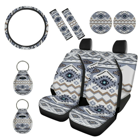 Renewold American Tribal Blue Gray Car Accessories Full Set, Universal Car Seat Covers Steering Wheel Seat Belt Pads Cup Holder Key Chains 11 PCS Universal Fit for Most Vehicles