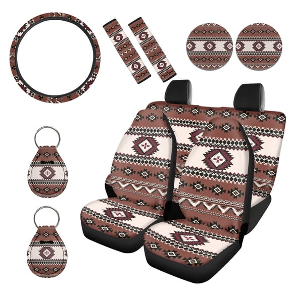 Renewold American Tribal Brown 11 Pieces Car Accessories Set for Women Men, Non-Slip Front Rear Car Seat Covers Steering Wheel Cover Seat Belt Pads Coasters Key Chains Universal Fit
