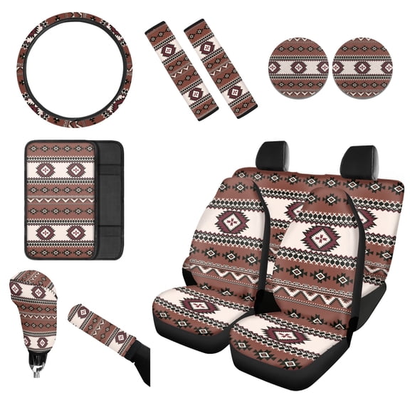 Renewold American Tribal Brown 12 PCS Car Seat Cover Covers with Non-slip Steering Wheel Cover Seatbelt Strap Shoulder Cover Coasters Armrest Pad Handbrake Cover Gear Shift Knob Cover