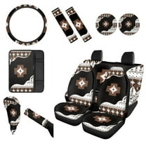 Renewold American Tribal Brown Black 12 Pieces Car Seat Cover Steering Wheel Cover, Seat Belt Strap Wrap Cover Armrest Pad Handbrake Cover Gear Shift Cover   Truck Vans Sedans Cup Holder Coasters