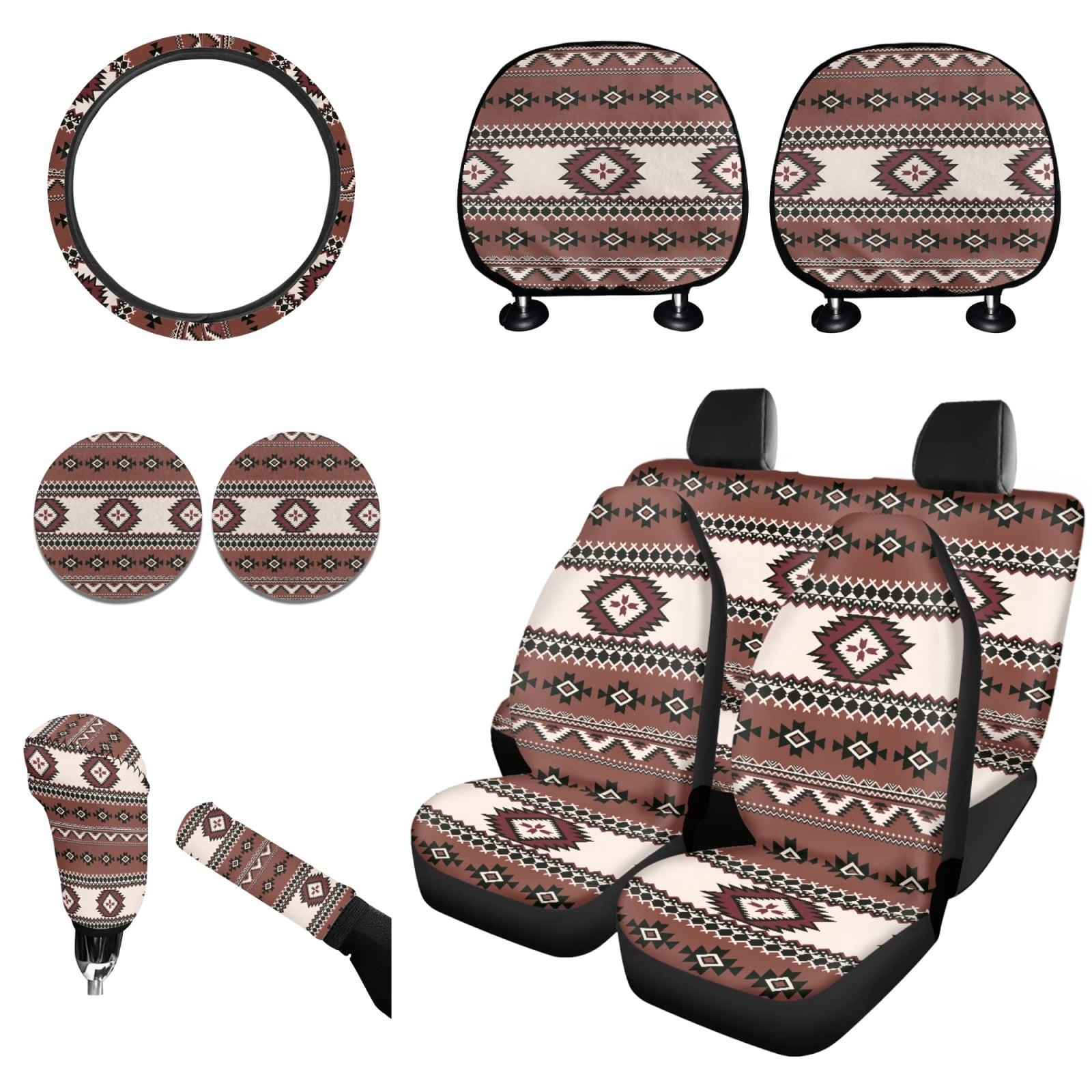 Renewold American Tribal Brown Car Seat Cover Split Covers Full Set for Women Men, with Steering Wheel Headrest Cover Cup Holders Handbrake Gear Shift Cover Auto Accessories, Pack of 11