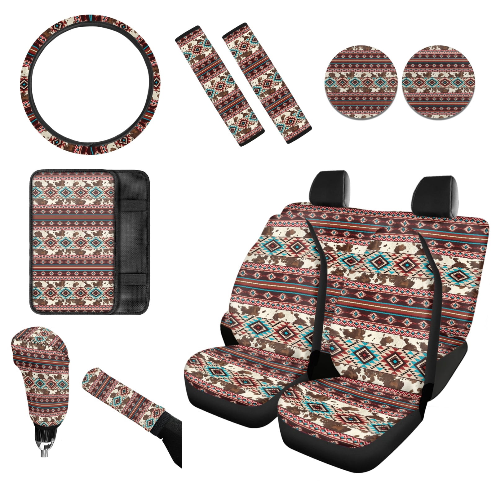 Renewold American Tribal Brown Cow Print Red Car Seat Covers with Steering Wheel Cover and Seat Belt Pad Armrest Pad Handbrake Cover Gear Shift Cover Cup Coaster Holder Seat Cover, Pack of 12
