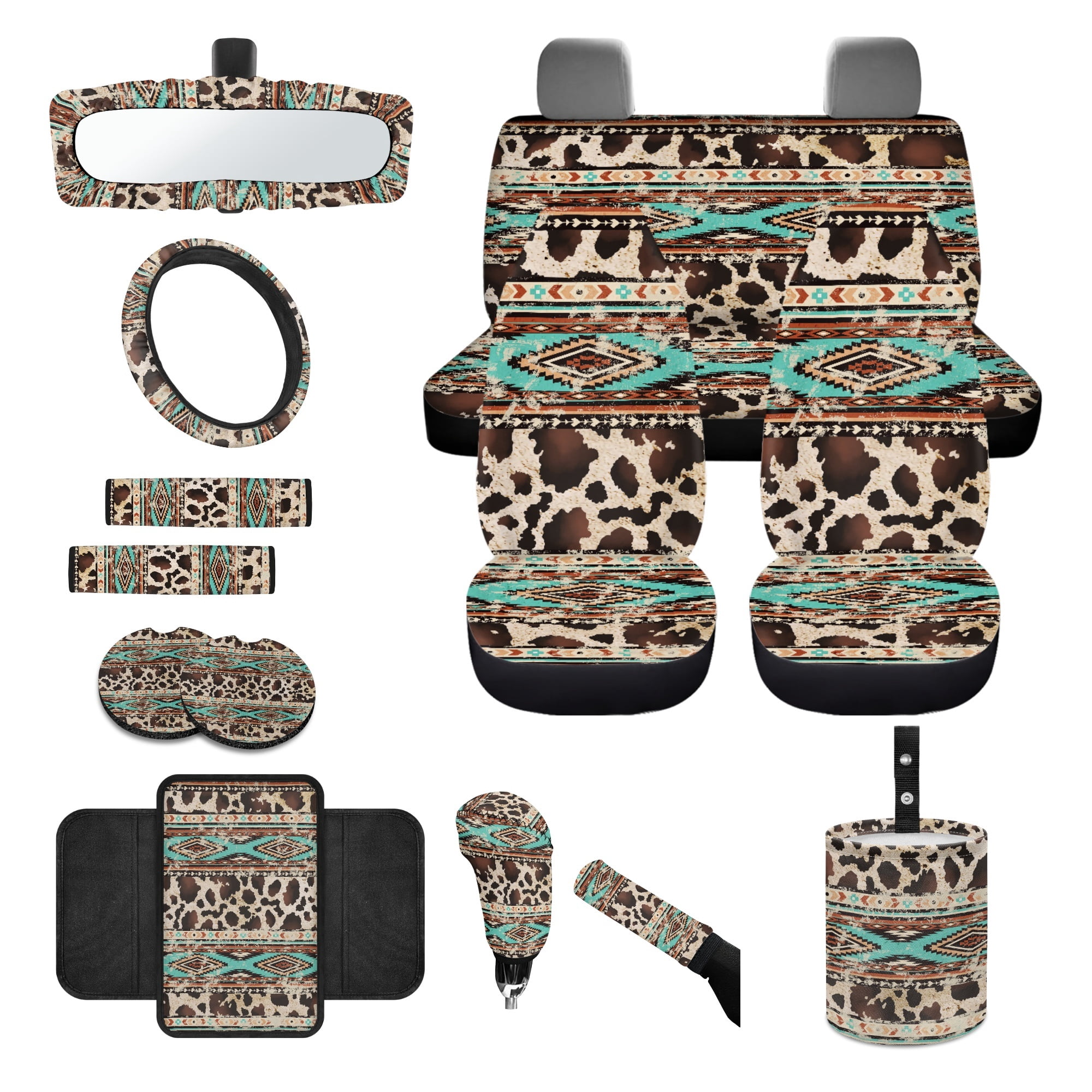 Renewold American Tribal Brown Cow Print Retro Car Seat Cover Full Set 14 PCS, with Steering Wheel Cover Seatbelt Pad Coasters Rubbish Bin Rear View Mirror Armrest Gear Shift Knob Cover Set
