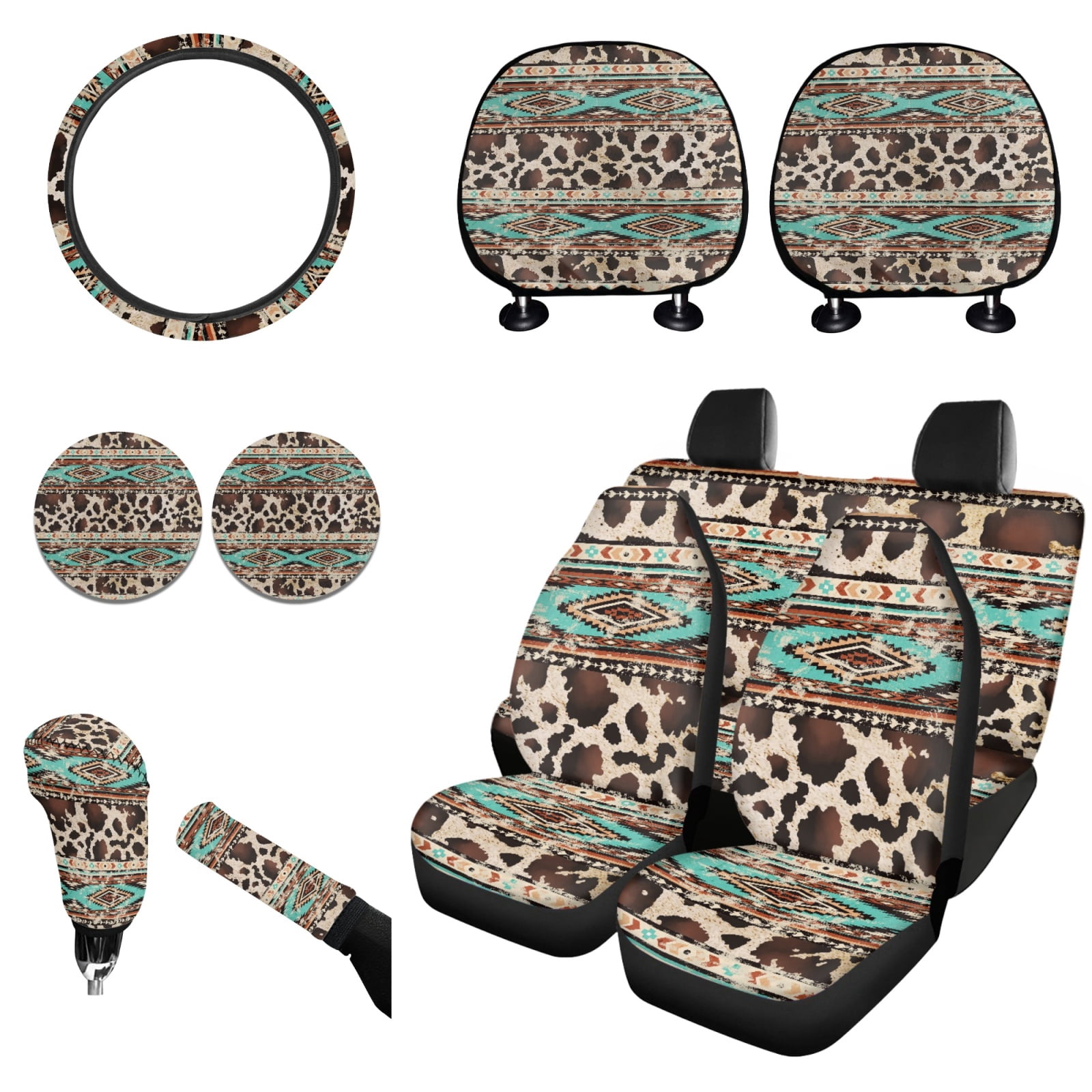 Renewold American Tribal Brown Cow Print Retro Car Seat Cover Full Set with Steering Wheel Cover Gear Shift Knob Cover Handbrake Protector Coasters Headrest Covers Fit for Most Vehicles, Set of 11