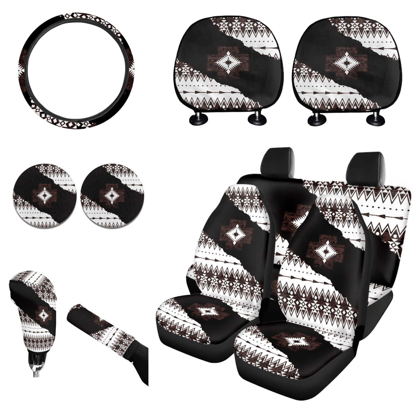 Renewold American Tribal Car Seat Cover Set 11 Pieces for Women Men, with Auto Seat Protector Non-slip Steering Wheel Cover Headrest Cover Coasters Handbrake Cover Gear Shift Cover