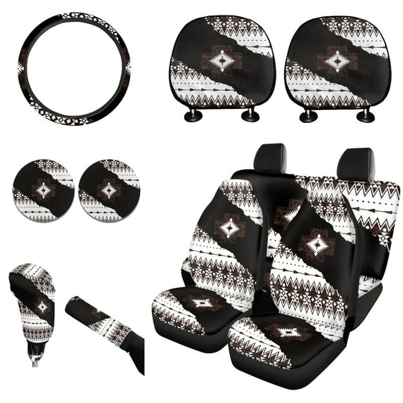 Renewold American Tribal Car Seat Cover Set 11 Pieces for Women Men, with Auto Seat Protector Non-slip Steering Wheel Cover Headrest Cover Coasters Handbrake Cover Gear Shift Cover