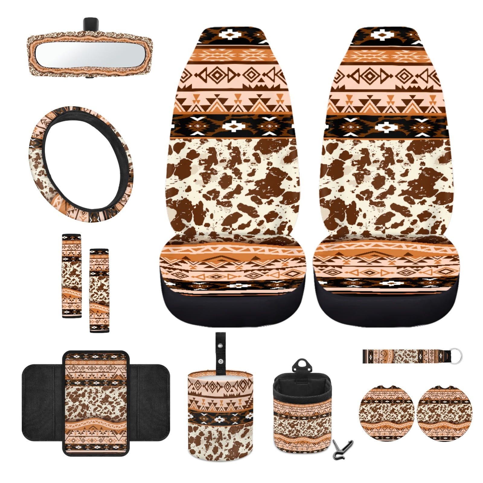 Renewold American Tribal Cow Print 12 PCS Front Car Seat Cover Set with Steering Wheel Seat Belt Armrest Rear View Mirror Cover Trash Can Coaster Keychain Air Vent Pouch Auto Decor Universal Fit