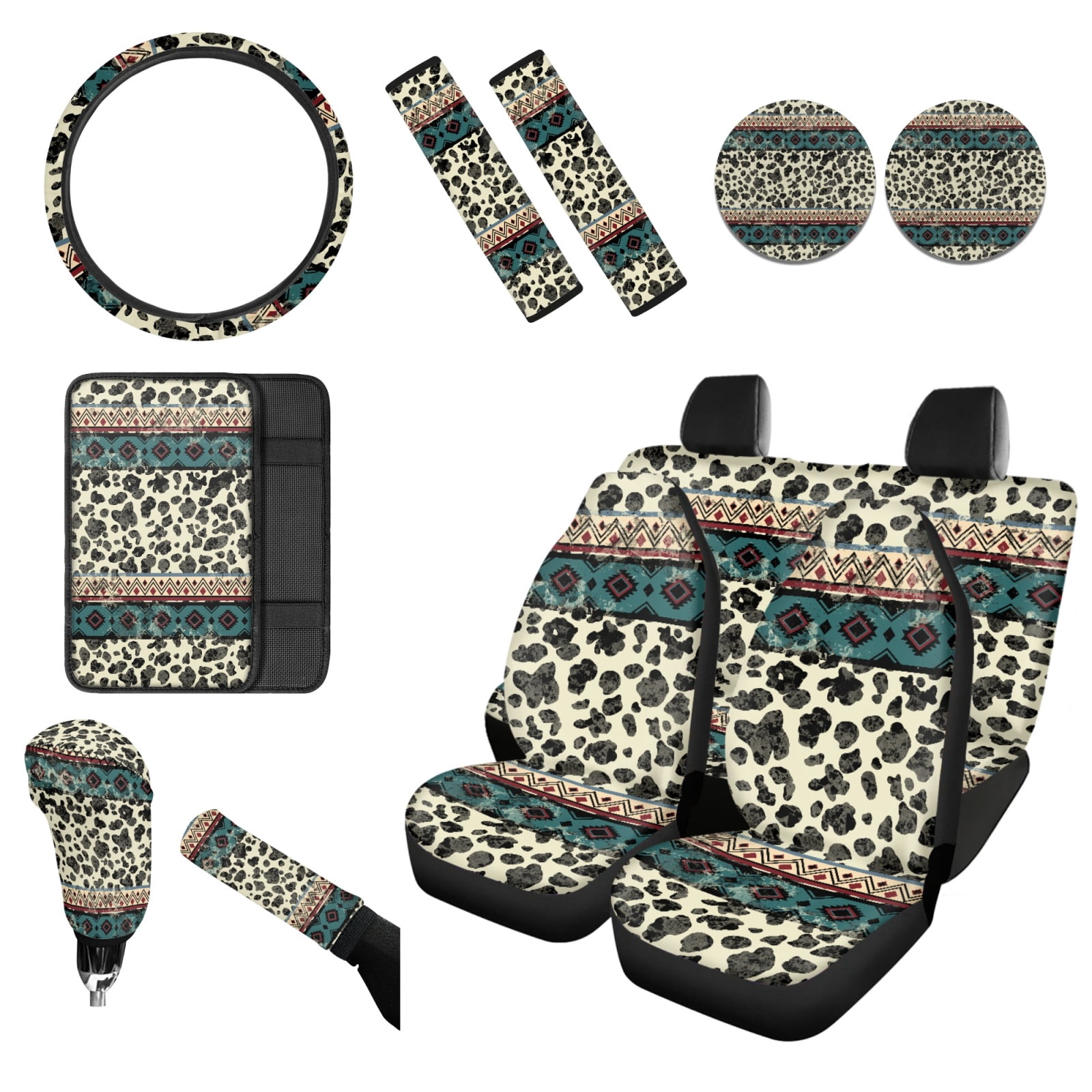 Renewold American Tribal Cow Print Beige Car Accessories Set 12 PCS, Universal Car Seat Covers Steering Wheel Armrest Cover Seat Belt Pad Coasters Handbrake Gear Shift Cover Car Accessories