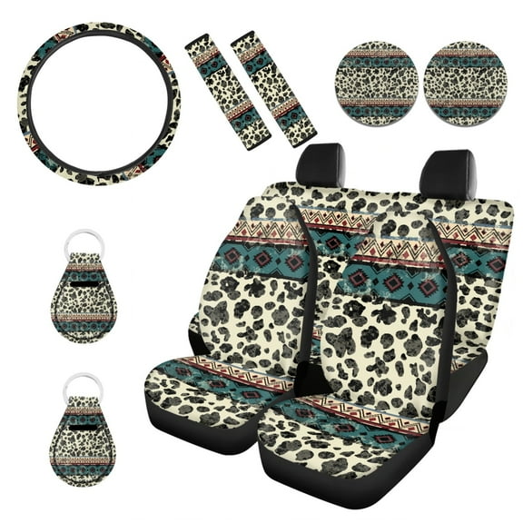 Renewold American Tribal Cow Print Beige Car Seat Cover Full Set Car Accessories 11 PCS, with Non-slip Steering Wheel Cover Seat Belt Cover Coasters Keychain Universal Fit Most Vehicles SUV Sedans