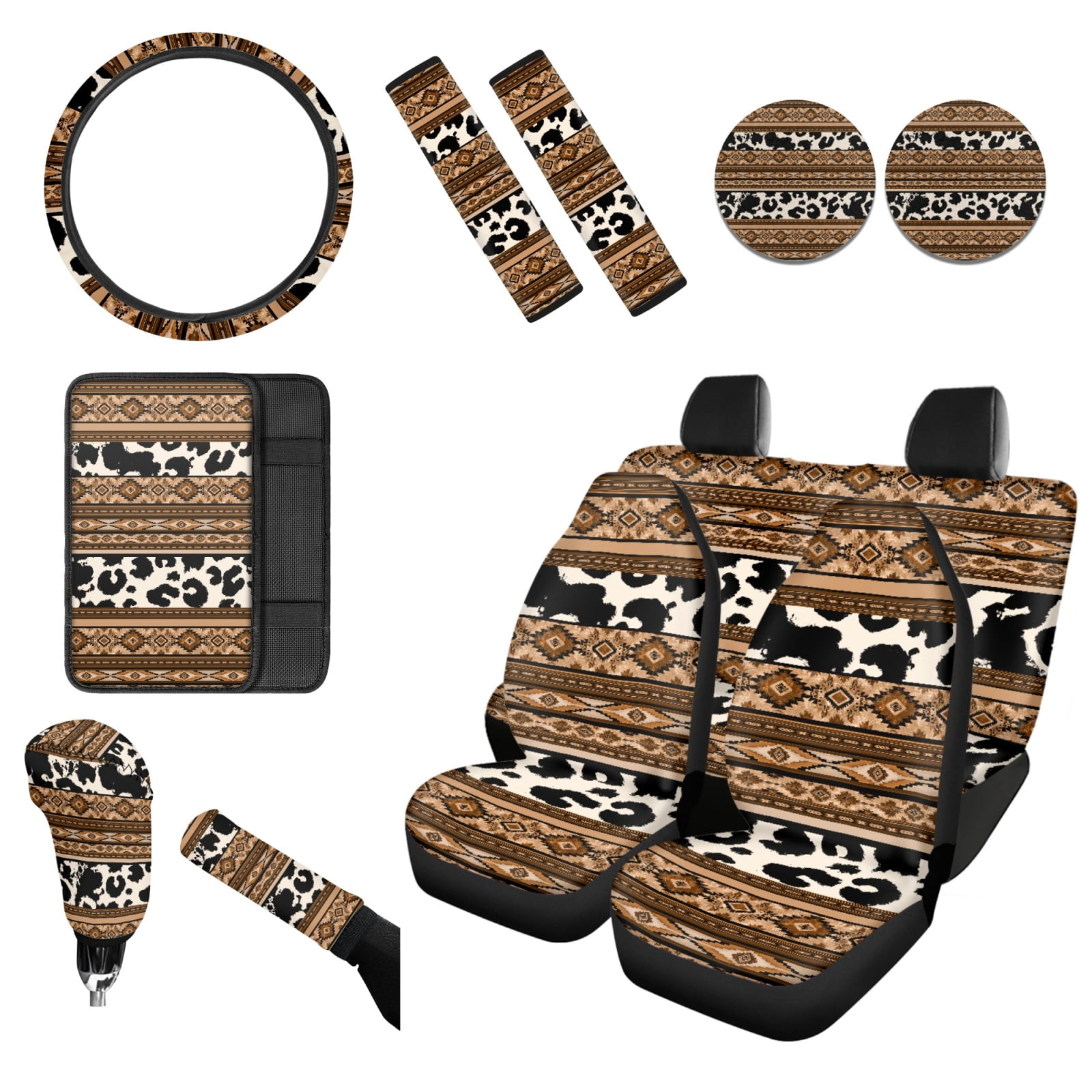 Renewold American Tribal Cow Print Brown 12 PCS Car Seat Cover Covers for Women, Non-slip Car Steering Wheel Cover Seatbelt Strap Shoulder Cover Coasters Armrest Pad Handbrake Cover Gear Shift Cover