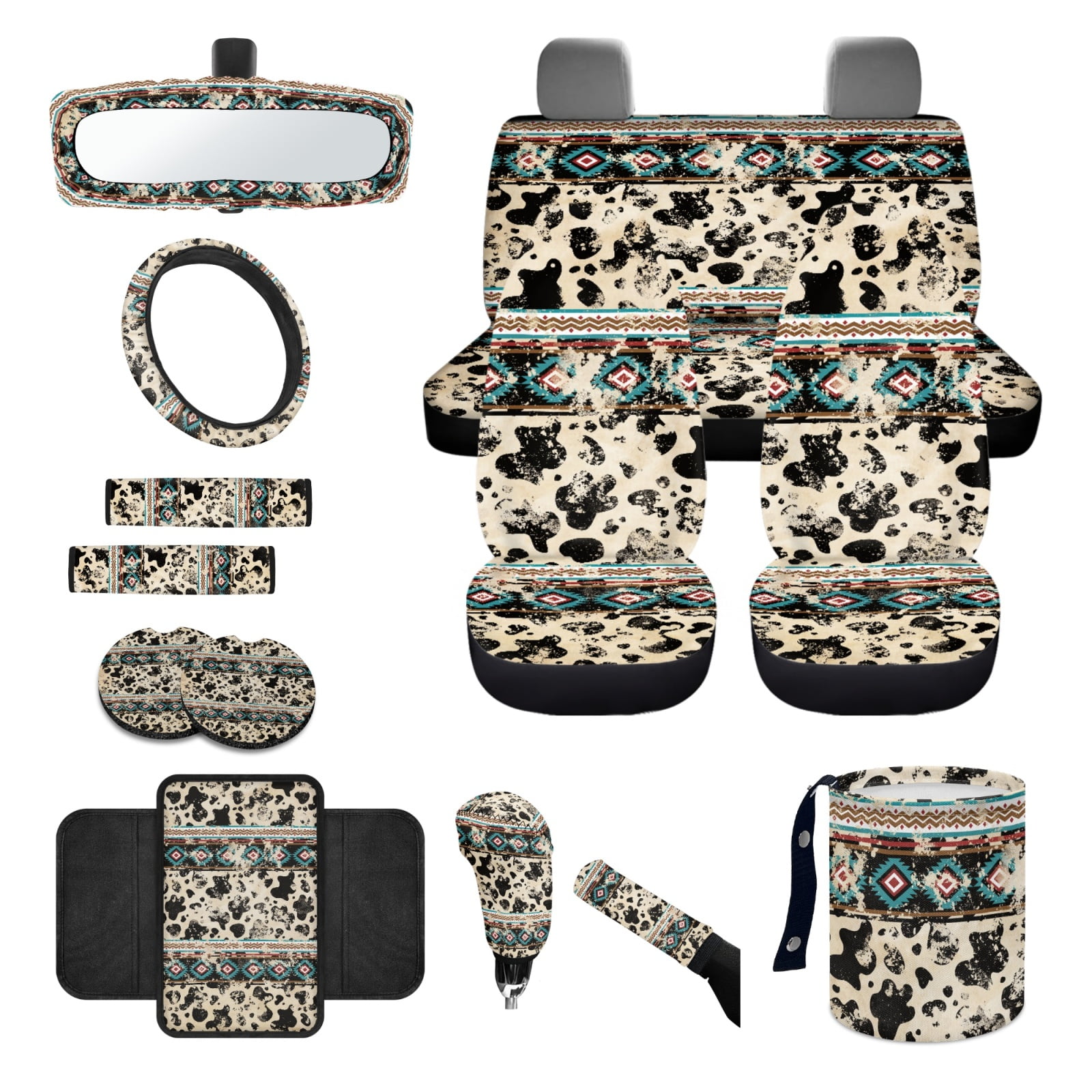 Renewold American Tribal Cow Print Car Front Back Seat Covers 14 PCS Set, with Steering Wheel Cover Seat Belt Pad Garbage Bin Armrest Cover Pad Rearview Mirror Cover Handbrake Cover Set Coasters