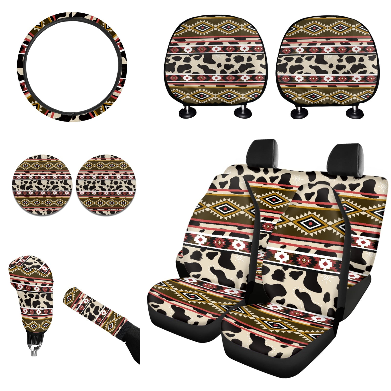 Renewold American Tribal Cow Print Red Beige Car Seat Cushion Cover Full Set 11 PCS, with Steering Wheel Cover Cup Coasters Handbrake Protector Gear Shift Knob Cover Headrest Covers Universal Fit